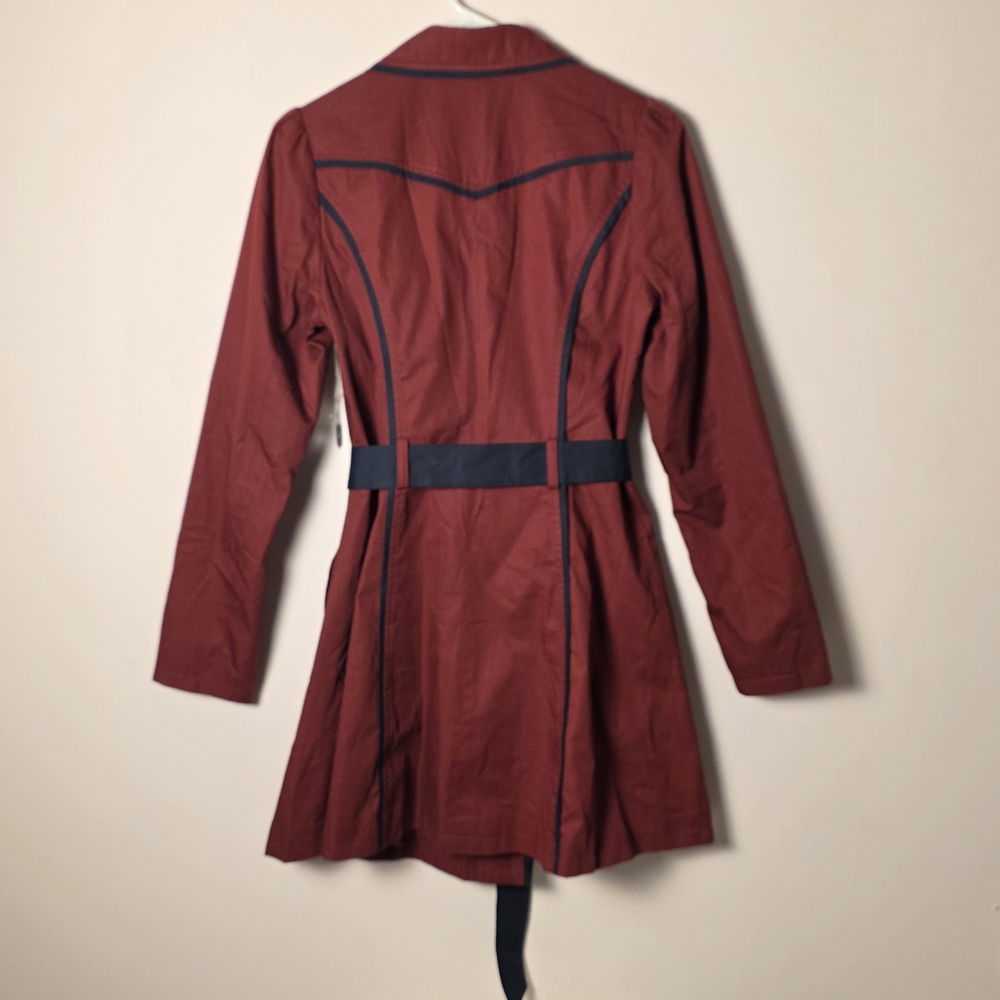 ModCloth Burgundy Trench Coat Belted Jacket Navy Piping Vintage Inspired - Picture 2 of 8